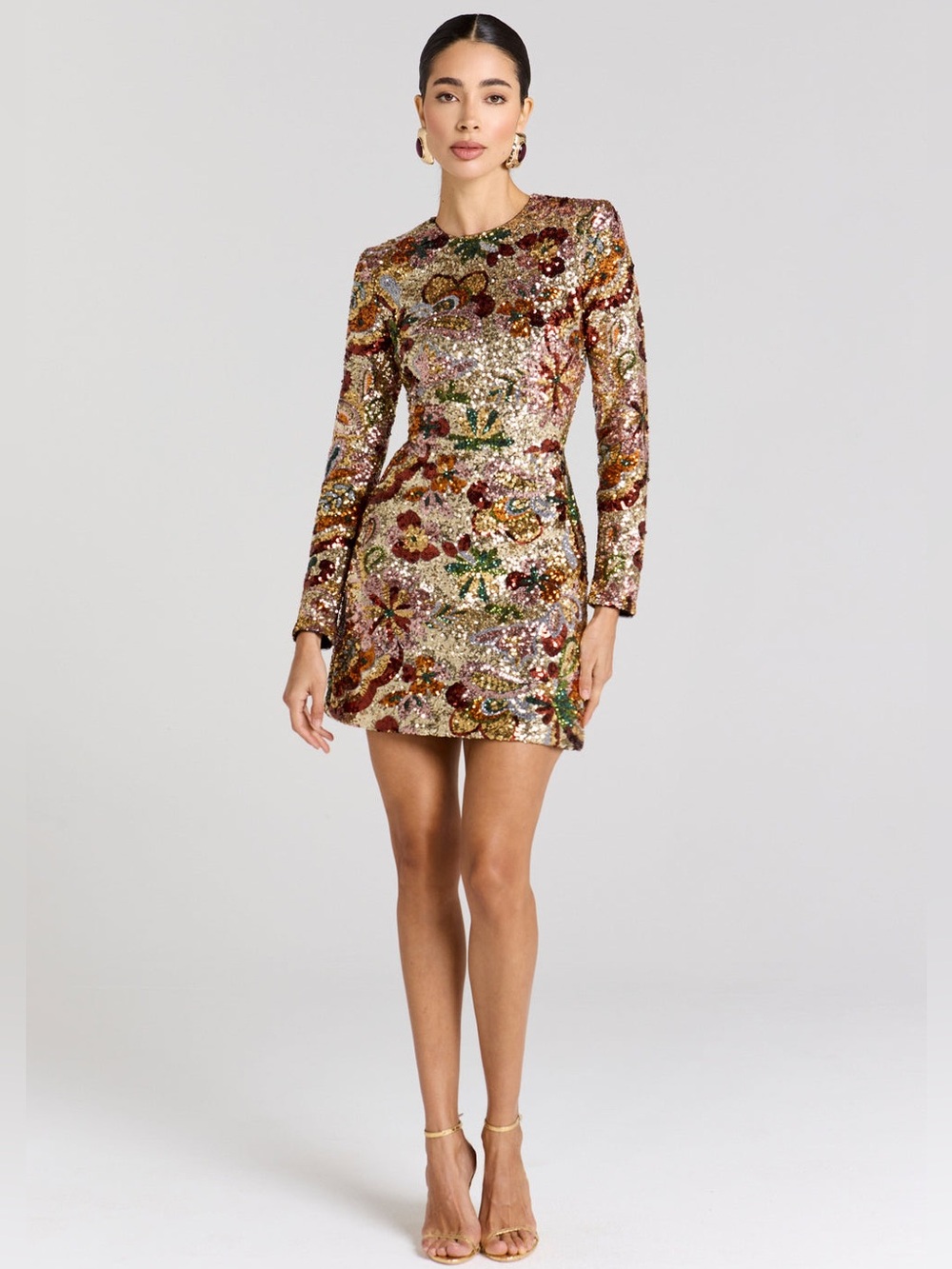 new Nadine Merabi Camille gold sequin long sleeve curved mini dress